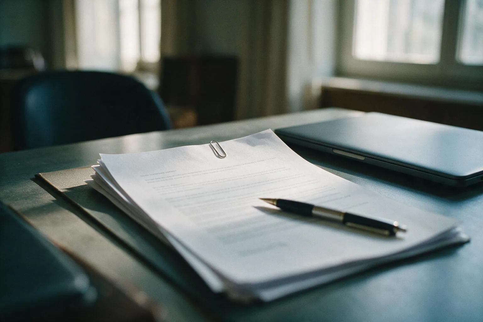 Un contratto di più pagine con una graffetta e una penna appoggiata sopra, su una scrivania accanto a un computer chiuso
