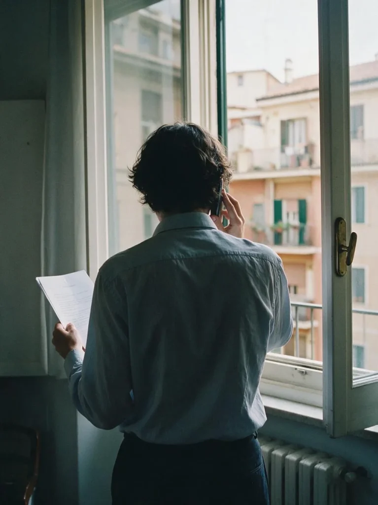 Una persona in camicia, di spalle, parla al telefono davanti a una finestra tenendo un documento