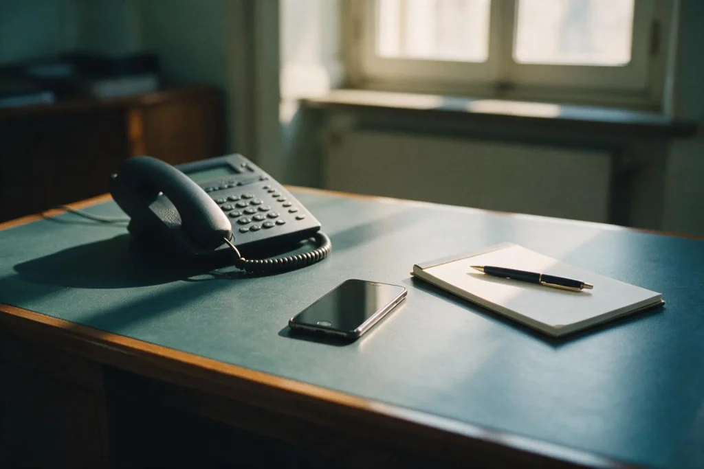 Una scrivania con un telefono fisso, uno smartphone e un blocco per appunti con una penna