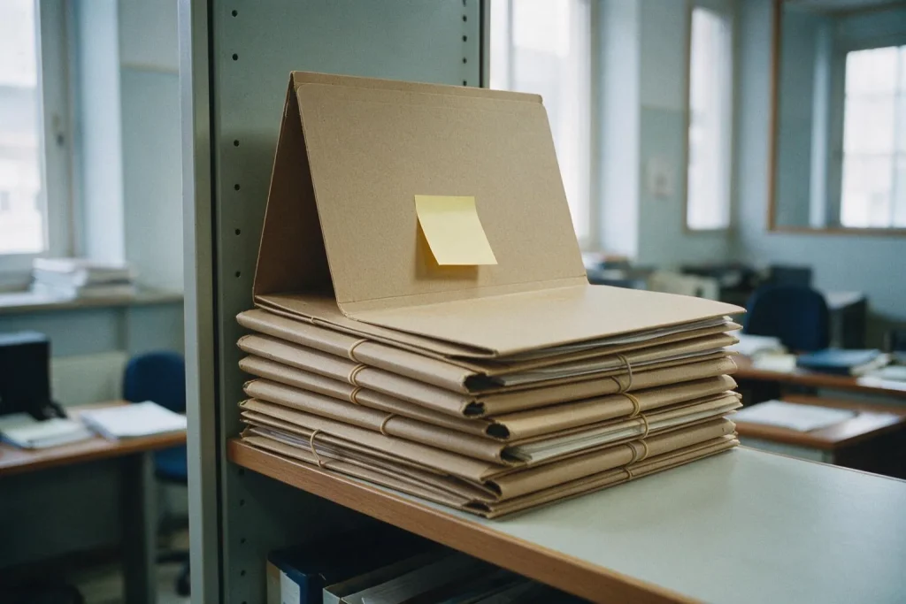 Una pila di cartelline di cartone legate con elastici su uno scaffale d'ufficio, con un foglietto giallo sulla cartellina in cima