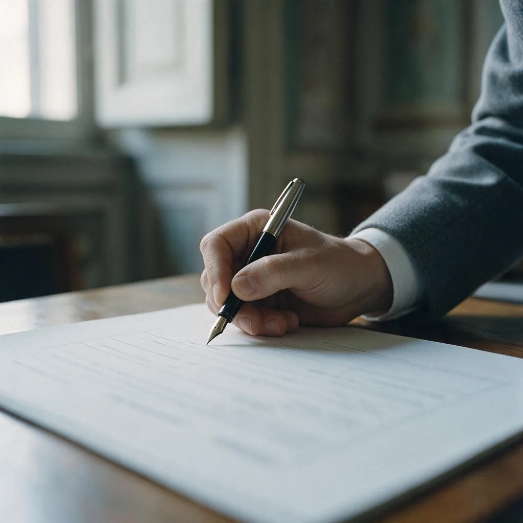 Una mano firma un foglio con una stilografica su una scrivania di legno, la manica di una giacca grigia con il polsino bianco
