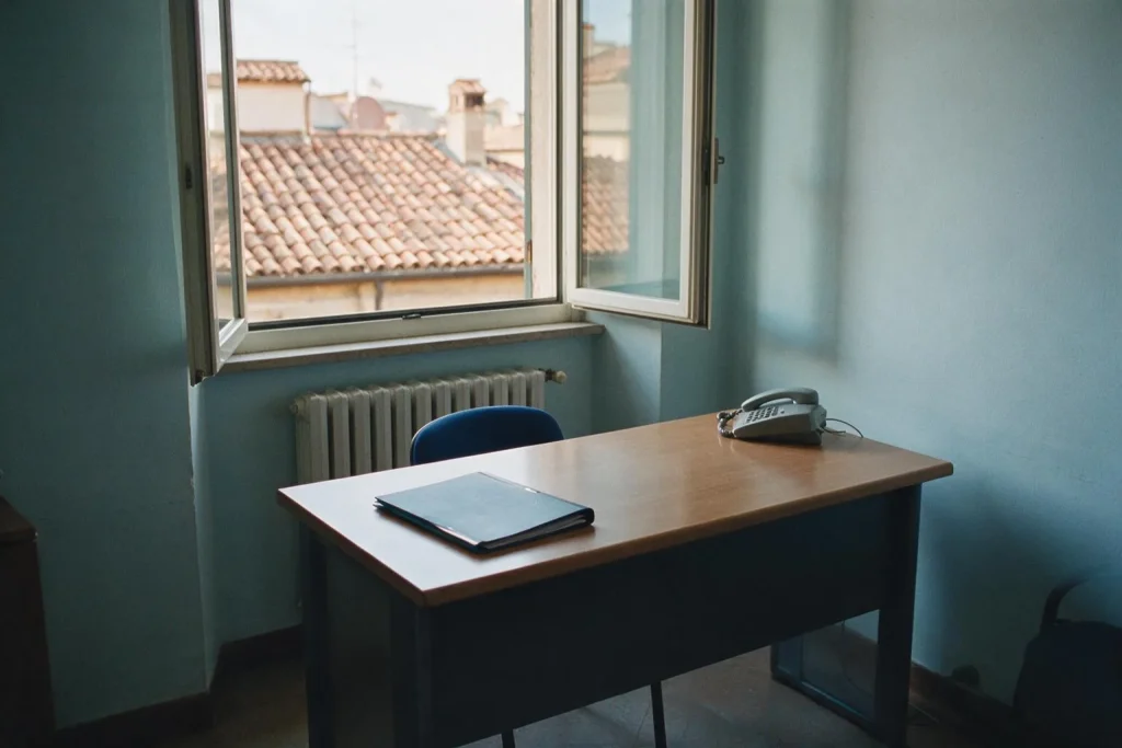 Un piccolo ufficio luminoso con una scrivania, una cartellina e un telefono fisso davanti a una finestra sui tetti in cotto