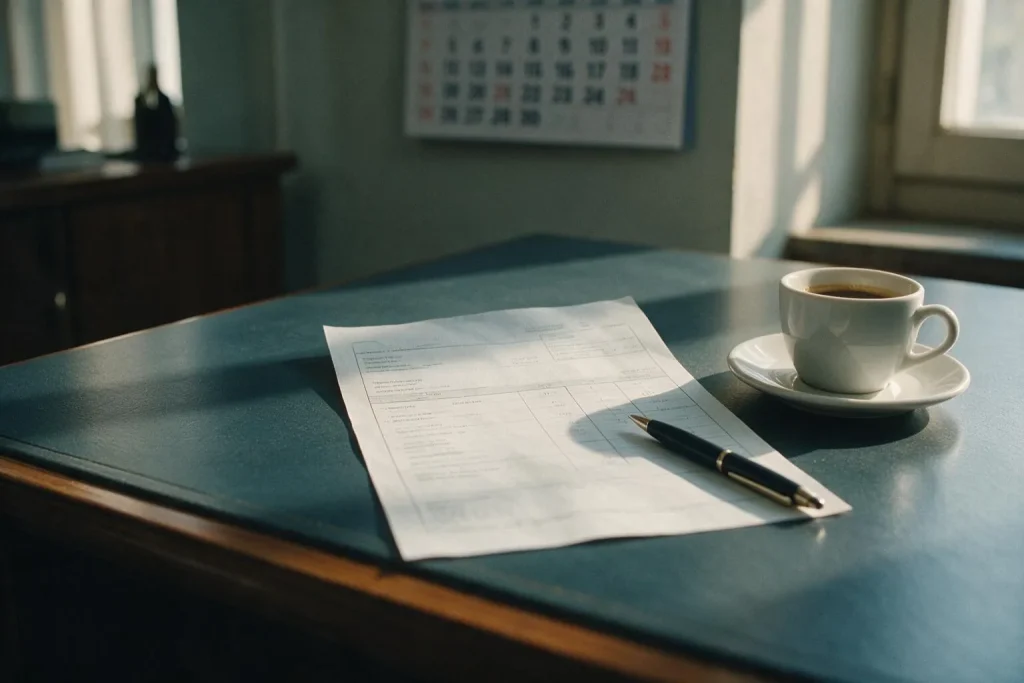 Su una scrivania un foglio stampato con righe illeggibili, una penna e una tazzina di caffè, un calendario alla parete