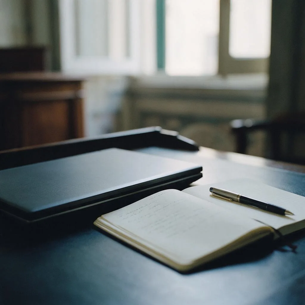 Un computer portatile chiuso e un quaderno aperto con appunti sfocati, con una penna, su una scrivania