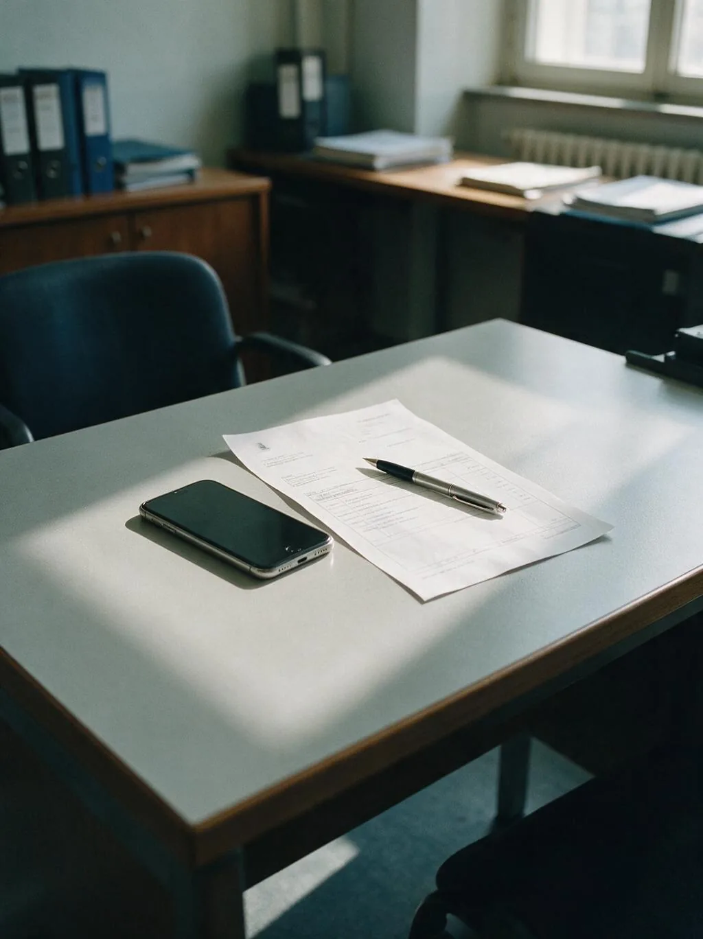 Su una scrivania un foglio stampato con righe illeggibili, una penna e uno smartphone