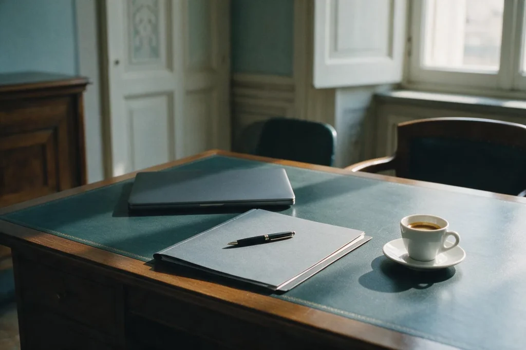 Una scrivania in ordine vista di tre quarti, con un computer chiuso, una cartellina, una penna e un caffè