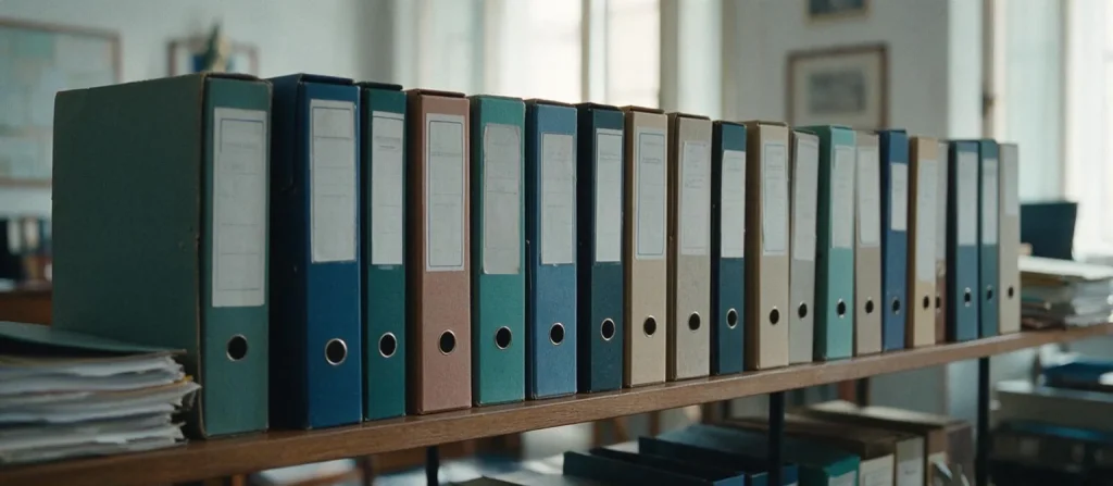 Una lunga fila di raccoglitori di colori diversi su uno scaffale di legno in un ufficio